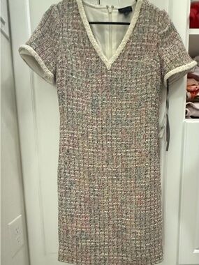 Carlisle Multicolor Tweed V-Neck Mini Dress in Cream Trim